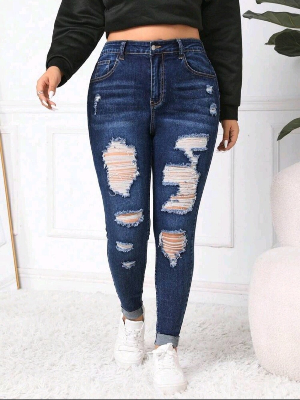 High-Rise Distressed Skinny Jeans - Dark Blue